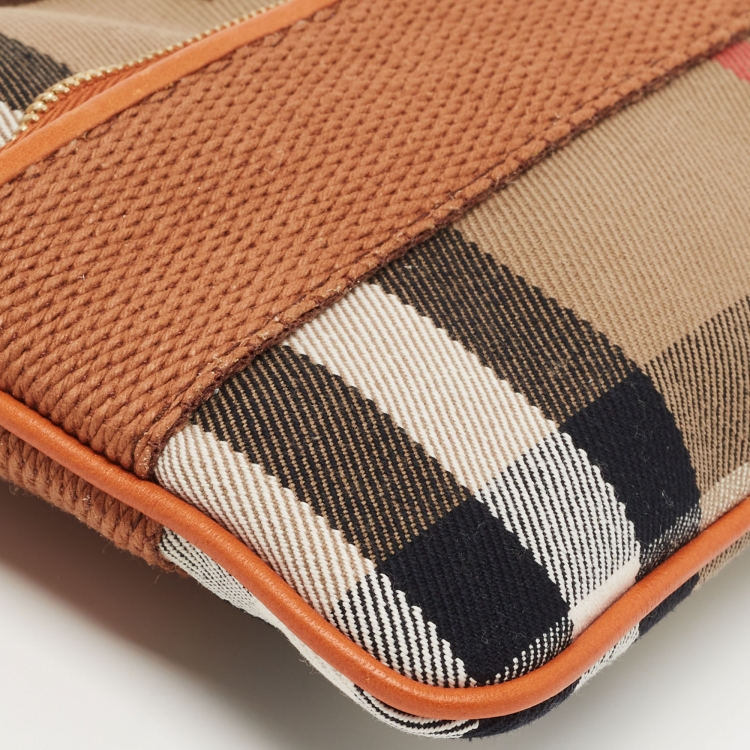 Pre Owned Burberry Beige/Brown House Check Canvas and Leather Wristlet Clutch