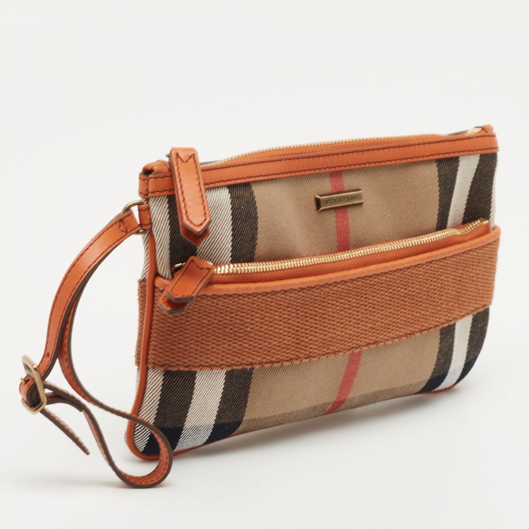 Pre Owned Burberry Beige/Brown House Check Canvas and Leather Wristlet Clutch