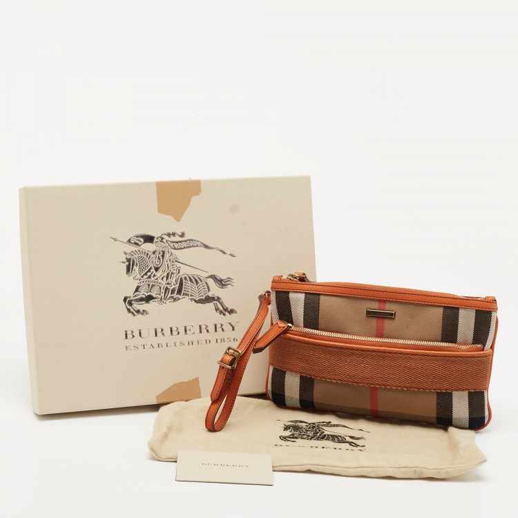 Pre Owned Burberry Beige/Brown House Check Canvas and Leather Wristlet Clutch