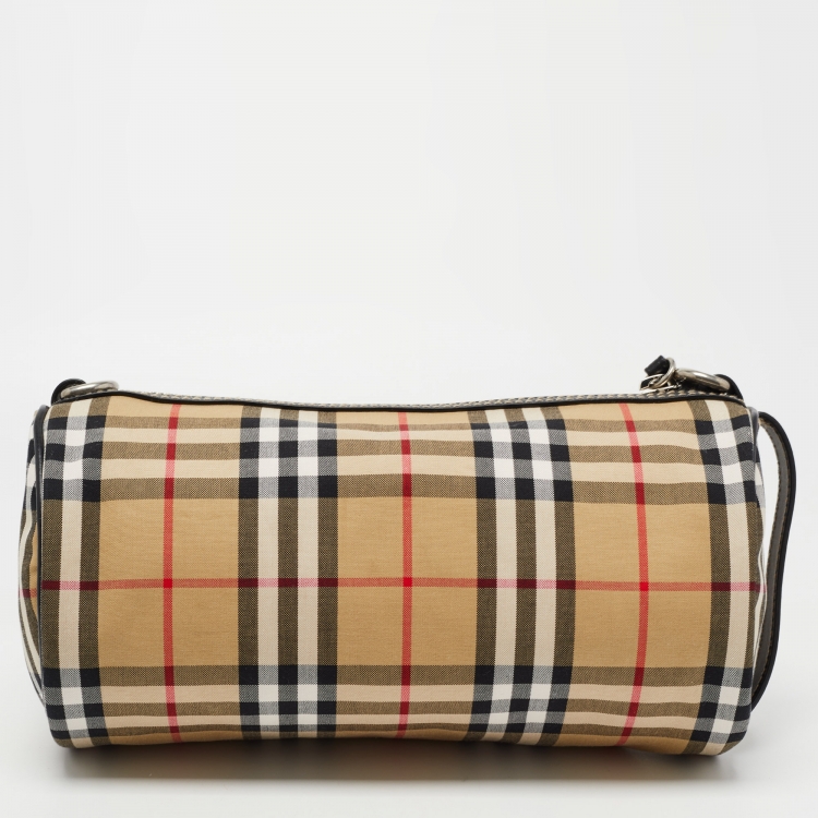 Pre Owned Burberry Black/Beige House Check Canvas and Leather Small Kennedy Barrel Bag