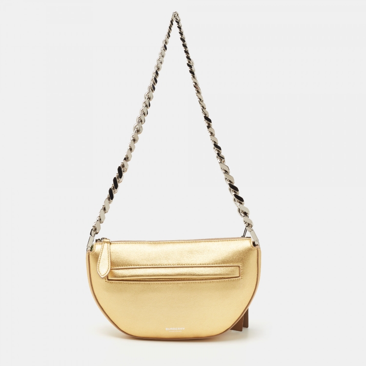 Pre Owned Burberry Gold Leather Mini Olympia Zip Chain Bag