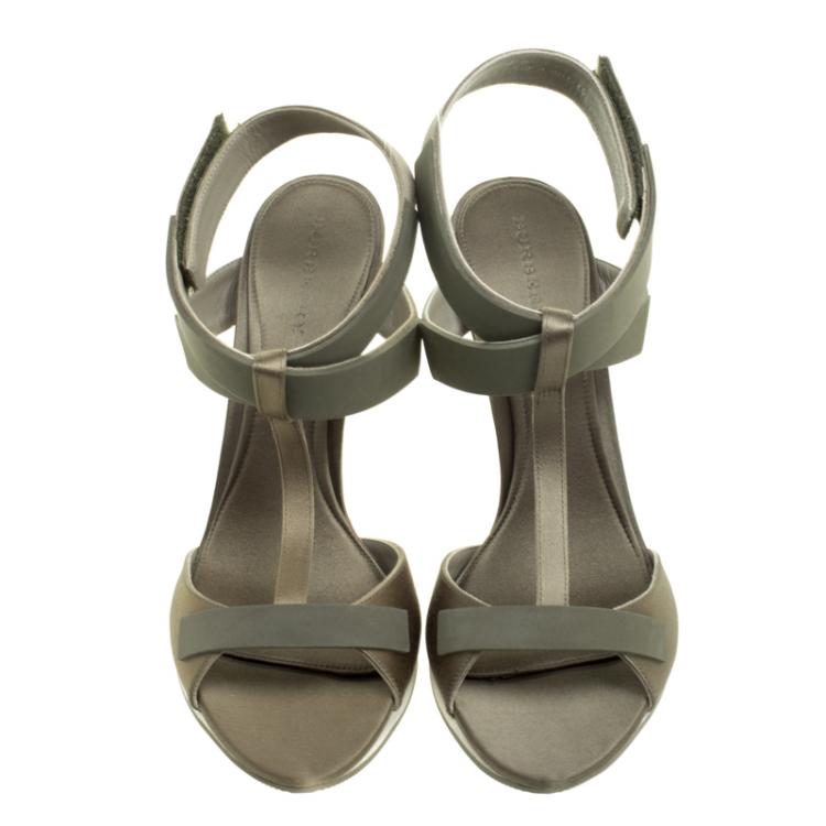 Pre Owned Burberry Taupe Satin T- Strap Platform Sandals Size 40
