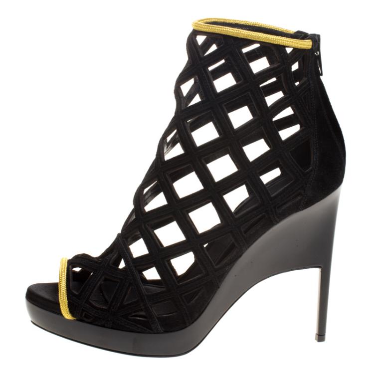 Pre Owned Burberry Prorsum Black Suede and Gold Edenside Cage Wedge Ankle Boots Size 41