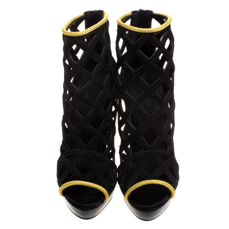 Pre Owned Burberry Prorsum Black Suede and Gold Edenside Cage Wedge Ankle Boots Size 41