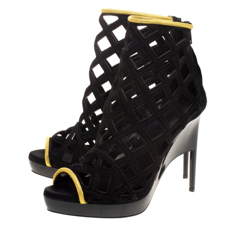Pre Owned Burberry Prorsum Black Suede and Gold Edenside Cage Wedge Ankle Boots Size 41