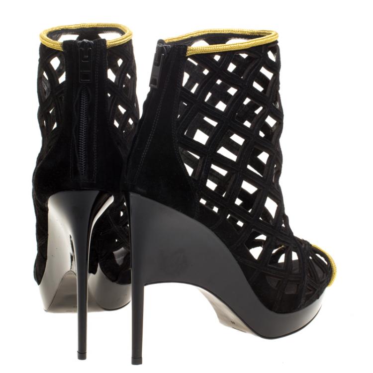 Pre Owned Burberry Prorsum Black Suede and Gold Edenside Cage Wedge Ankle Boots Size 41