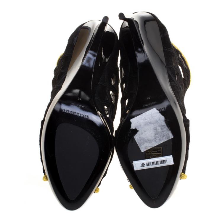 Pre Owned Burberry Prorsum Black Suede and Gold Edenside Cage Wedge Ankle Boots Size 41