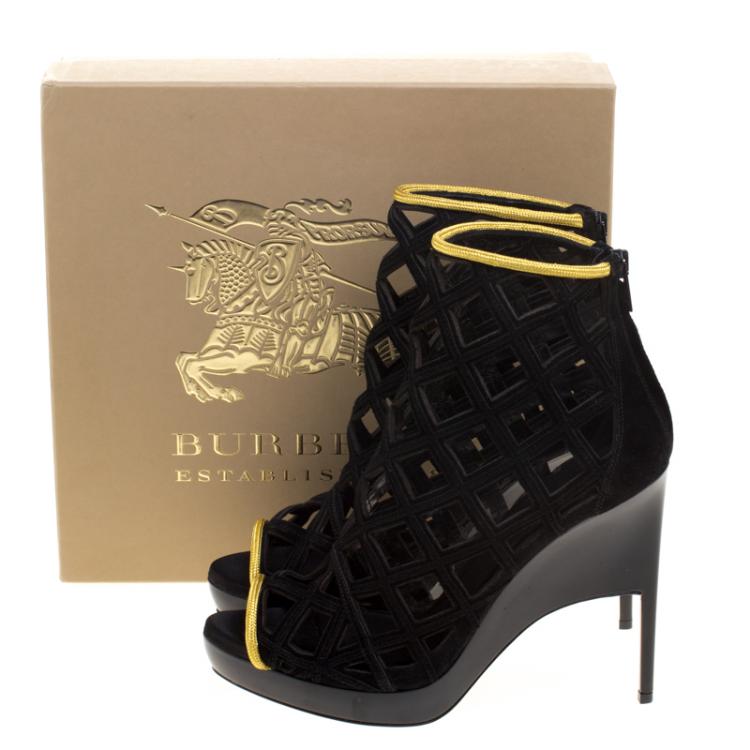 Pre Owned Burberry Prorsum Black Suede and Gold Edenside Cage Wedge Ankle Boots Size 41