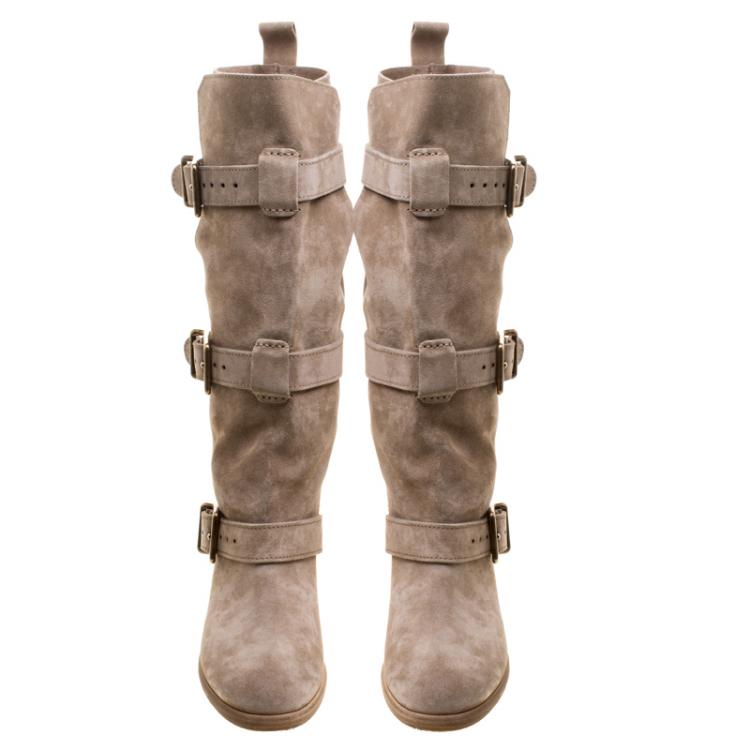 Pre Owned Burberry Beige Suede Buckle Strap Boots Size 40