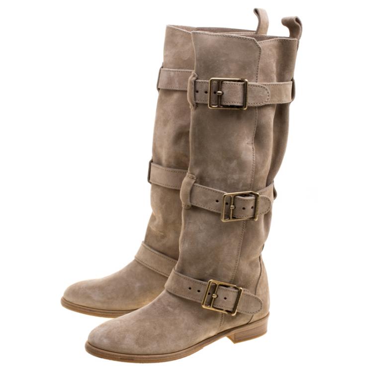 Pre Owned Burberry Beige Suede Buckle Strap Boots Size 40
