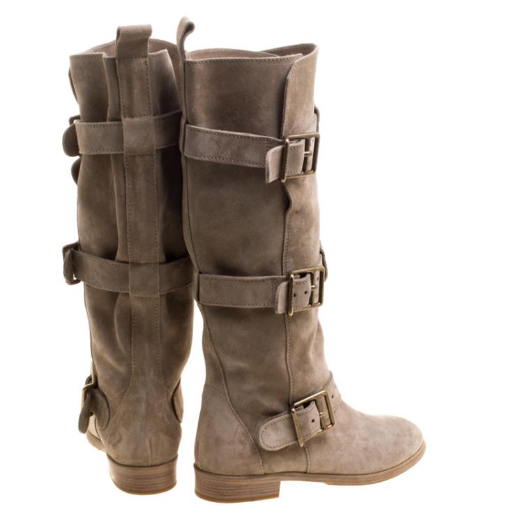 Pre Owned Burberry Beige Suede Buckle Strap Boots Size 40