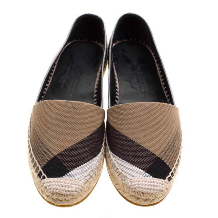 Pre Owned Burberry Brown Checkered Canvas and Metallic Leather Hodgeson Espadrilles Size 36.5