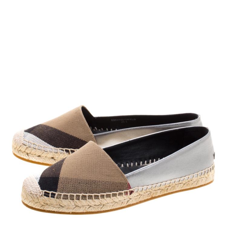 Pre Owned Burberry Brown Checkered Canvas and Metallic Leather Hodgeson Espadrilles Size 36.5