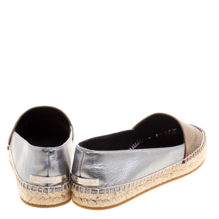 Pre Owned Burberry Brown Checkered Canvas and Metallic Leather Hodgeson Espadrilles Size 36.5