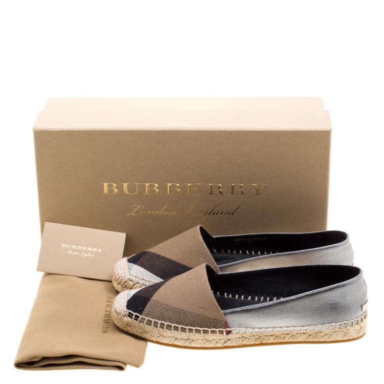 Pre Owned Burberry Brown Checkered Canvas and Metallic Leather Hodgeson Espadrilles Size 36.5