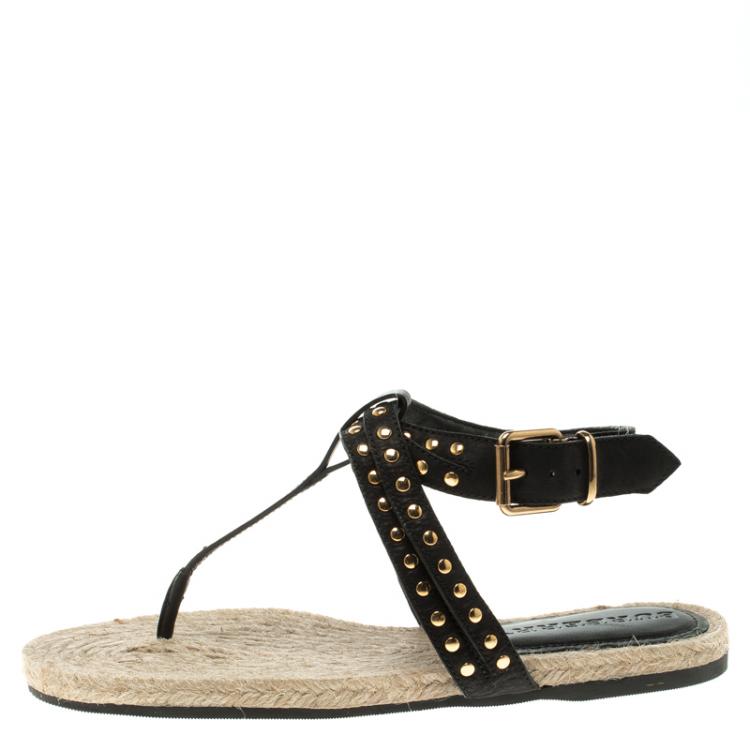 Pre Owned Burberry Black Studded Cross Ankle Strap Suede Inderwick Thong Espadrille Flats Size 36