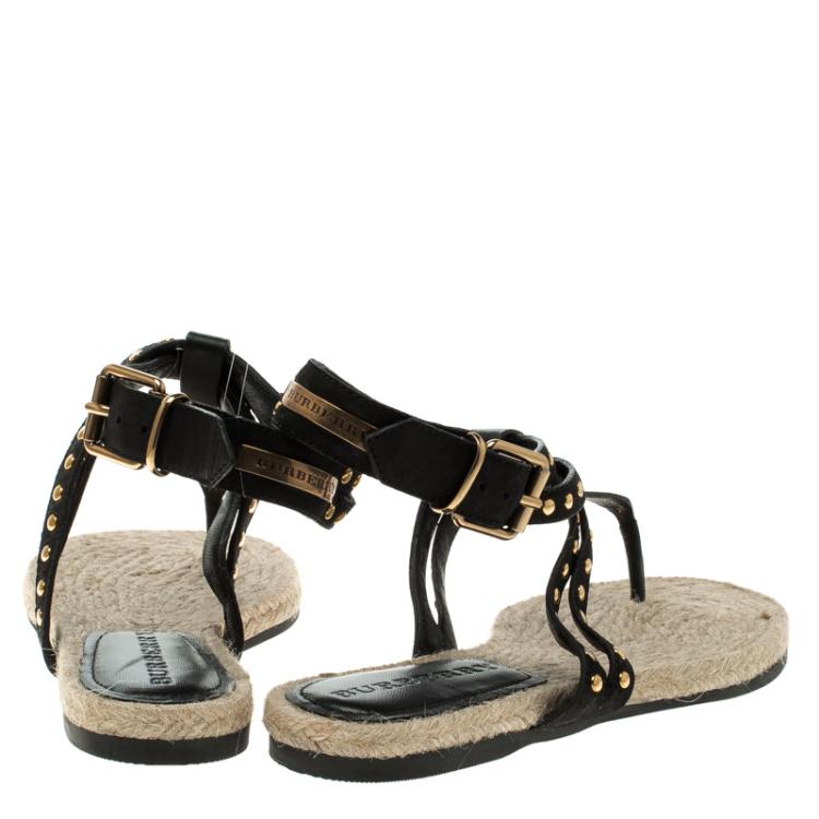 Pre Owned Burberry Black Studded Cross Ankle Strap Suede Inderwick Thong Espadrille Flats Size 36