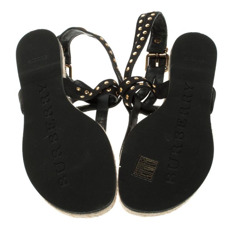 Pre Owned Burberry Black Studded Cross Ankle Strap Suede Inderwick Thong Espadrille Flats Size 36