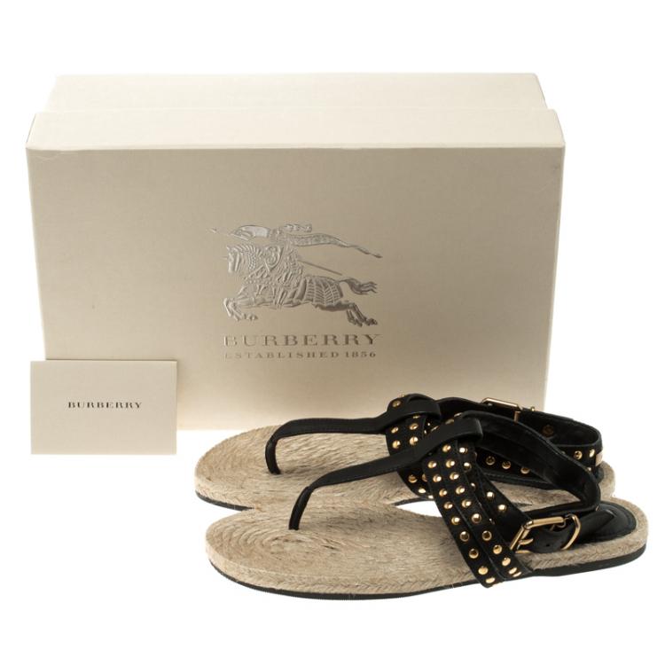 Pre Owned Burberry Black Studded Cross Ankle Strap Suede Inderwick Thong Espadrille Flats Size 36