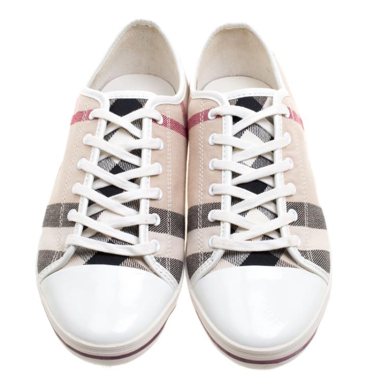 Pre Owned Burberry Beige Novacheck Canvas and Leather Cap Toe Low Top Sneakers Size 39