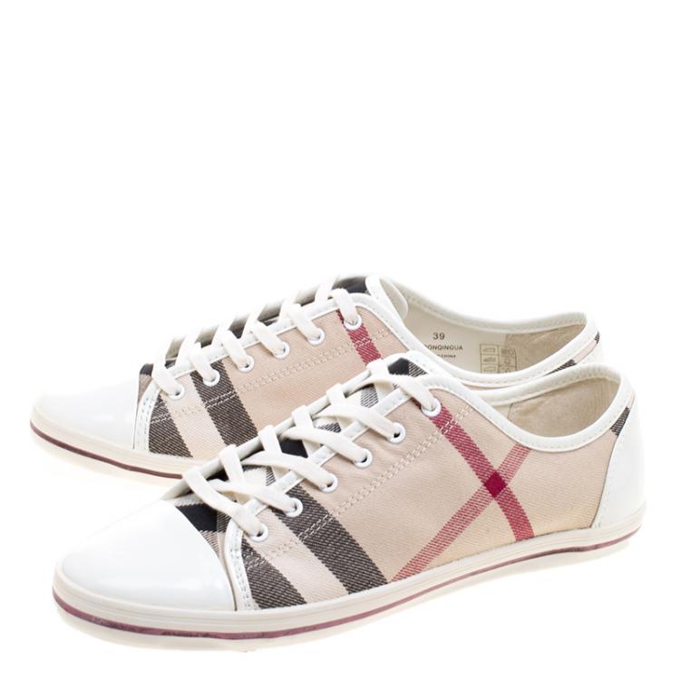 Pre Owned Burberry Beige Novacheck Canvas and Leather Cap Toe Low Top Sneakers Size 39