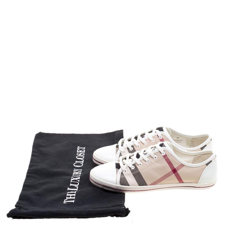 Pre Owned Burberry Beige Novacheck Canvas and Leather Cap Toe Low Top Sneakers Size 39