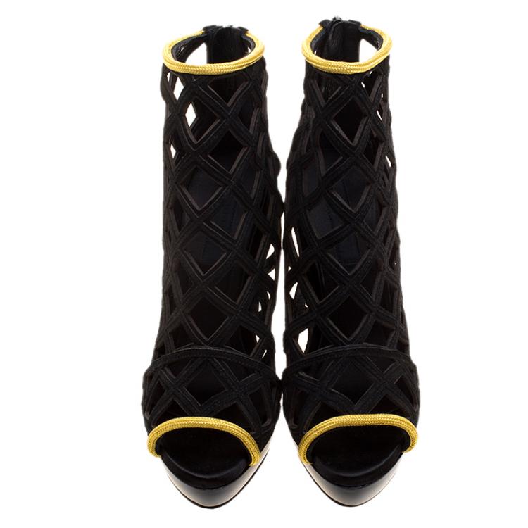 Pre Owned Burberry Prorsum Black Suede and Gold Edenside Cage Wedge Ankle Boots Size 37.5