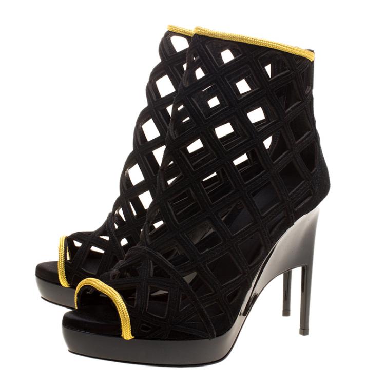 Pre Owned Burberry Prorsum Black Suede and Gold Edenside Cage Wedge Ankle Boots Size 37.5