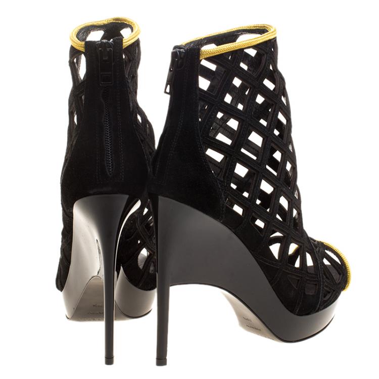 Pre Owned Burberry Prorsum Black Suede and Gold Edenside Cage Wedge Ankle Boots Size 37.5