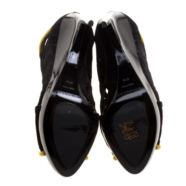 Pre Owned Burberry Prorsum Black Suede and Gold Edenside Cage Wedge Ankle Boots Size 37.5