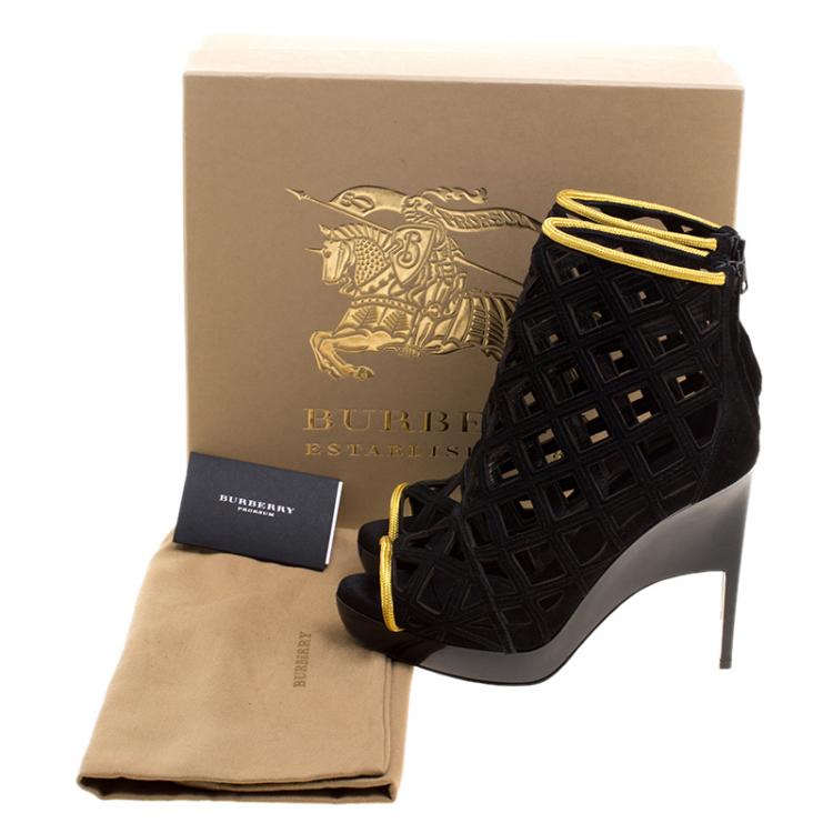 Pre Owned Burberry Prorsum Black Suede and Gold Edenside Cage Wedge Ankle Boots Size 37.5