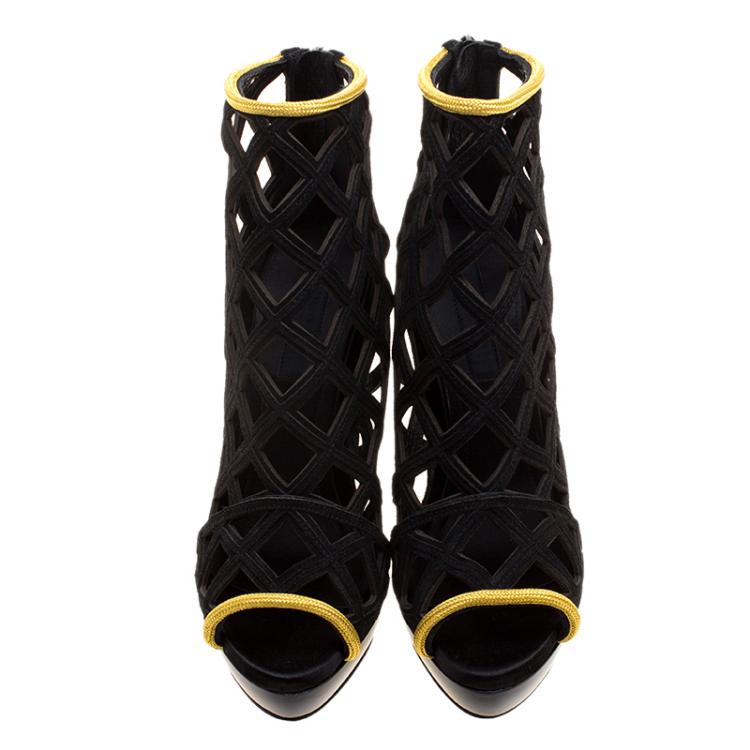 Pre Owned Burberry Prorsum Black Suede and Gold Edenside Cage Wedge Ankle Boots Size 38.5