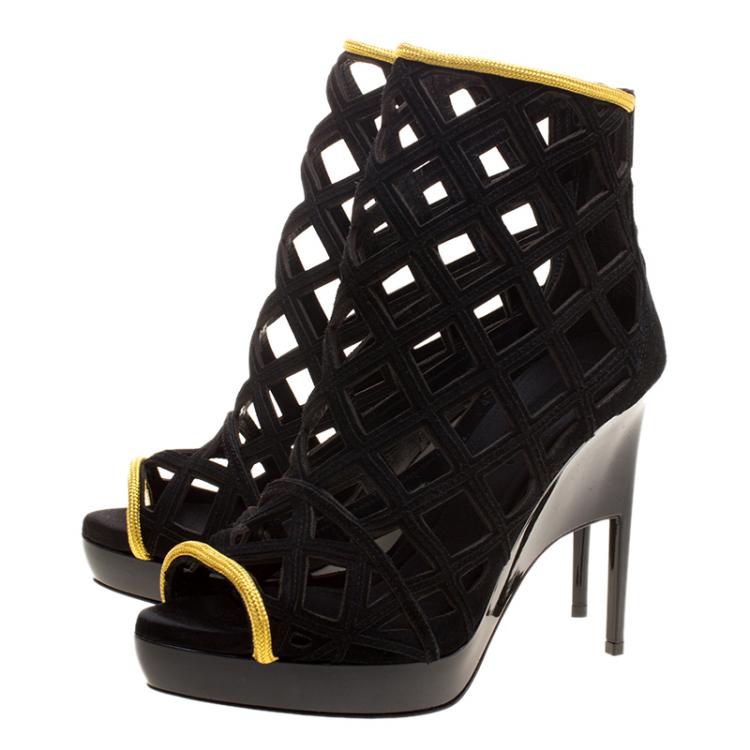 Pre Owned Burberry Prorsum Black Suede and Gold Edenside Cage Wedge Ankle Boots Size 38.5