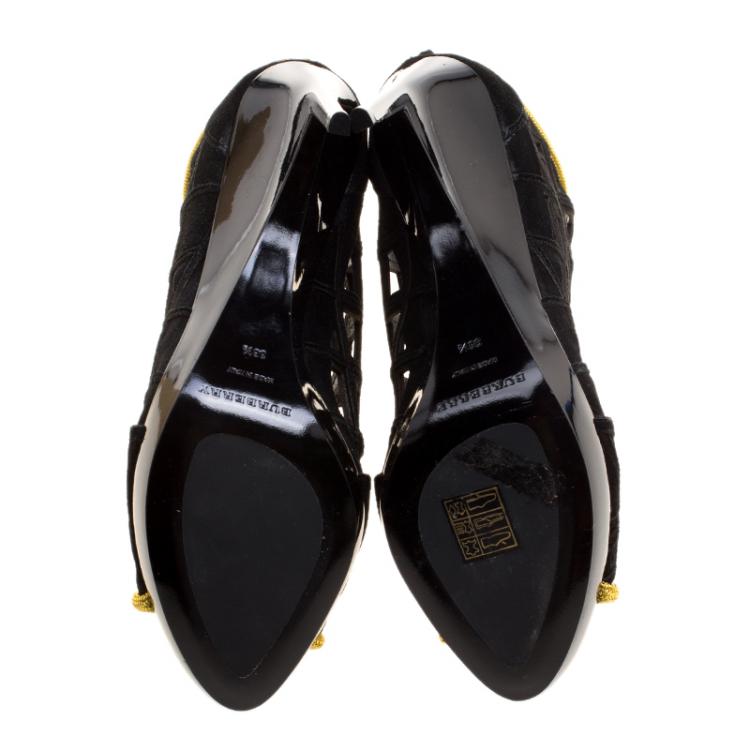 Pre Owned Burberry Prorsum Black Suede and Gold Edenside Cage Wedge Ankle Boots Size 38.5