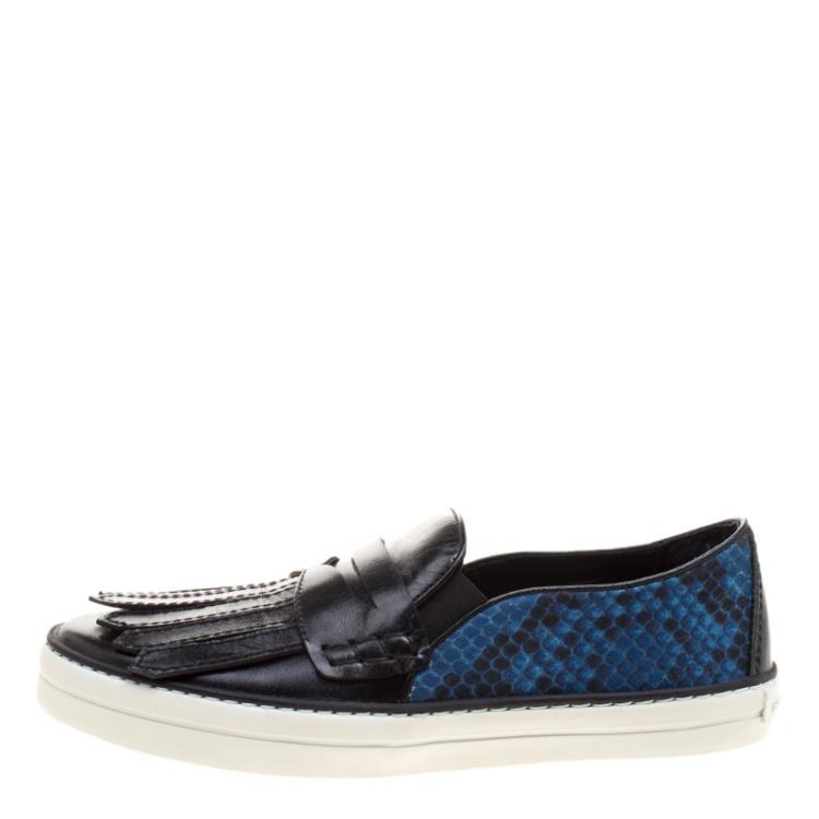 Pre Owned Burberry Black Fringe Leather and Printed Canvas Gauden Slip On Sneakers Size 36