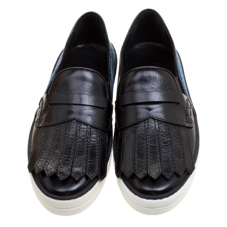 Pre Owned Burberry Black Fringe Leather and Printed Canvas Gauden Slip On Sneakers Size 36
