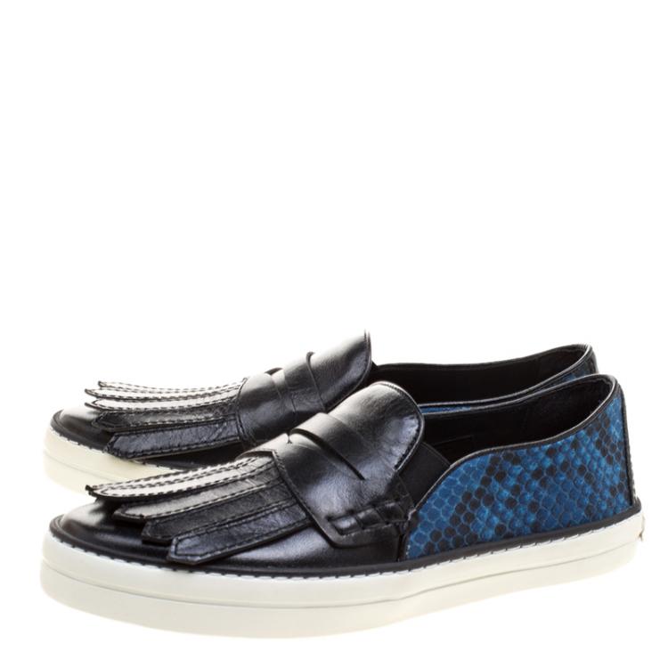 Pre Owned Burberry Black Fringe Leather and Printed Canvas Gauden Slip On Sneakers Size 36