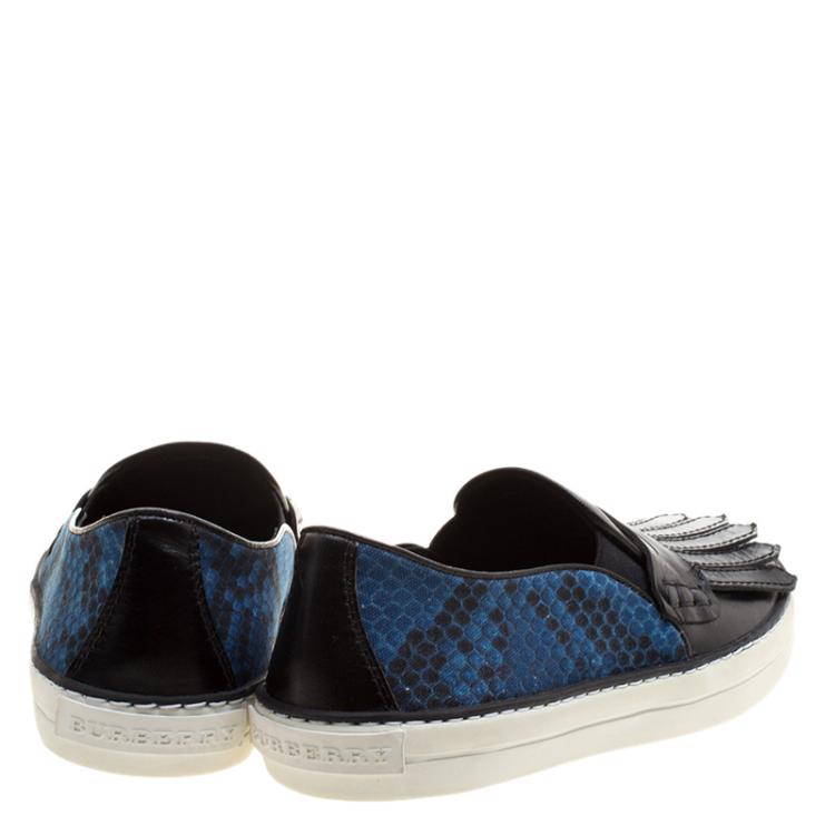 Pre Owned Burberry Black Fringe Leather and Printed Canvas Gauden Slip On Sneakers Size 36