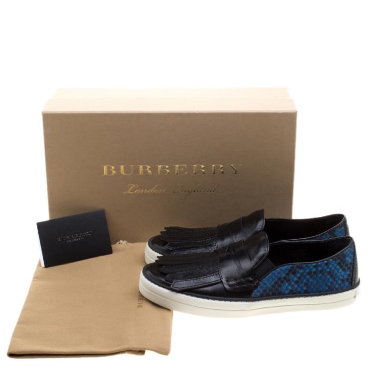 Pre Owned Burberry Black Fringe Leather and Printed Canvas Gauden Slip On Sneakers Size 36