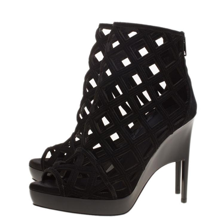 Pre Owned Burberry Prorsum Black Suede Edenside Cage Wedge Ankle Boots Size 38