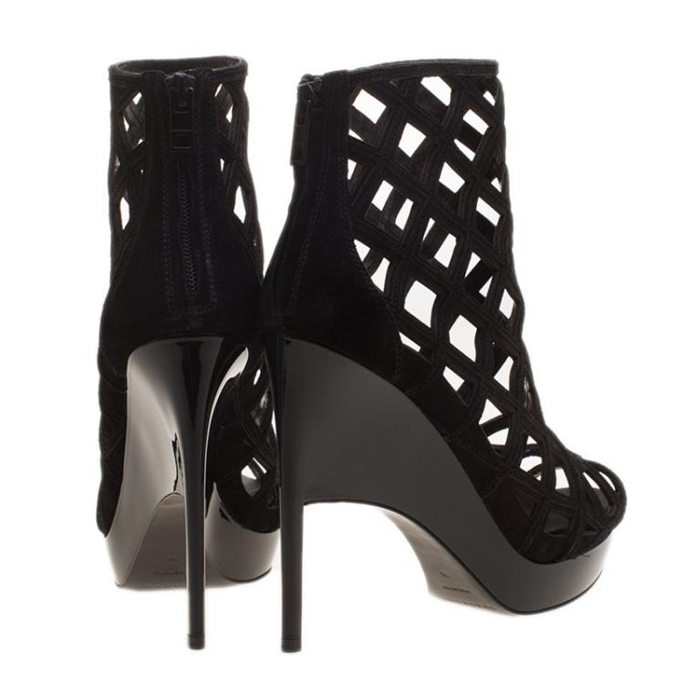 Pre Owned Burberry Prorsum Black Suede Edenside Cage Wedge Ankle Boots Size 38