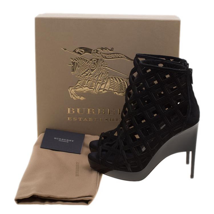 Pre Owned Burberry Prorsum Black Suede Edenside Cage Wedge Ankle Boots Size 38