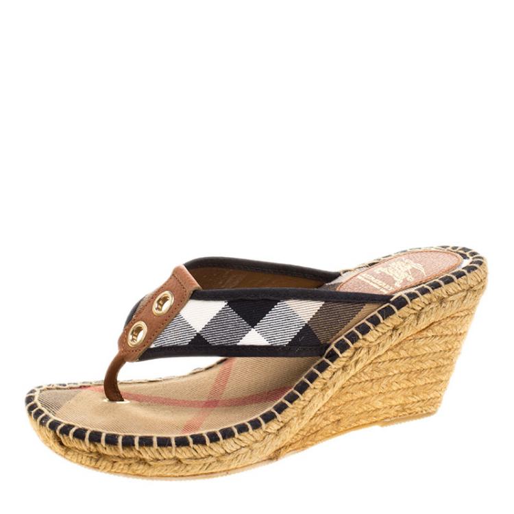 Pre Owned Burberry Beige Nova Check Canvas Espadrille Wedge Thong Sandals Size 38