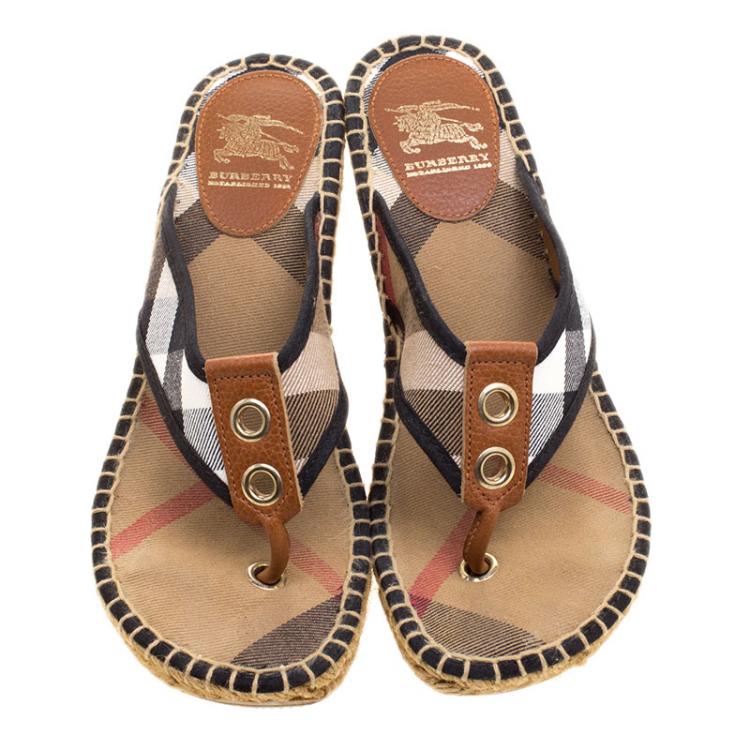 Pre Owned Burberry Beige Nova Check Canvas Espadrille Wedge Thong Sandals Size 38