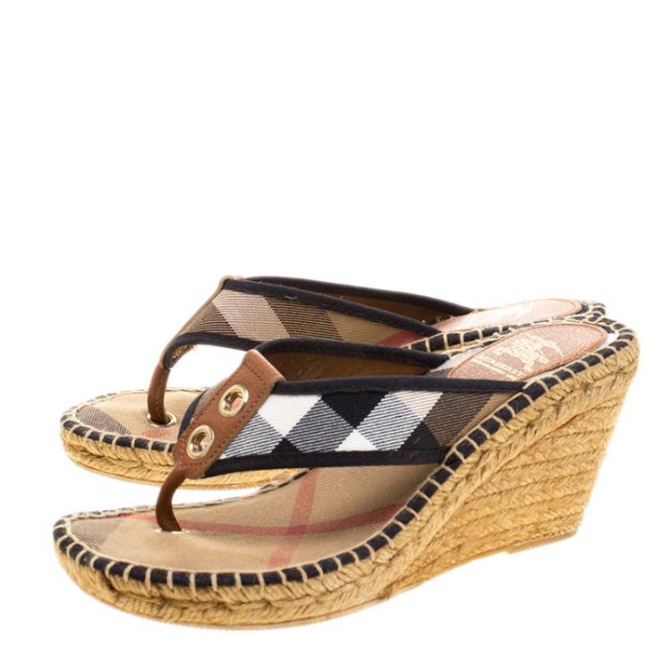 Pre Owned Burberry Beige Nova Check Canvas Espadrille Wedge Thong Sandals Size 38