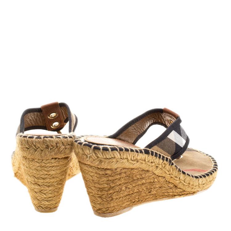 Pre Owned Burberry Beige Nova Check Canvas Espadrille Wedge Thong Sandals Size 38