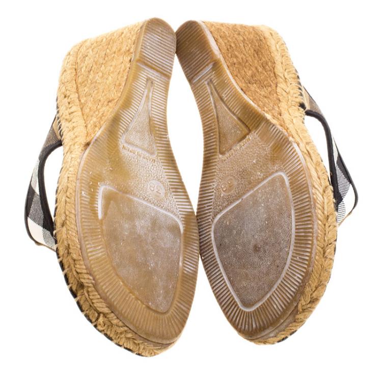 Pre Owned Burberry Beige Nova Check Canvas Espadrille Wedge Thong Sandals Size 38