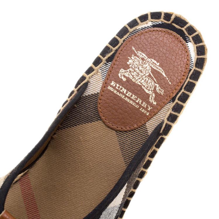 Pre Owned Burberry Beige Nova Check Canvas Espadrille Wedge Thong Sandals Size 38