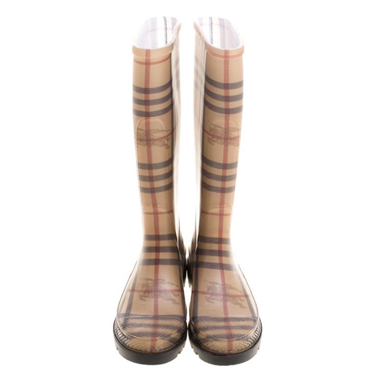 Pre Owned Burberry Beige House Check Rubber Rain Boots Size 35