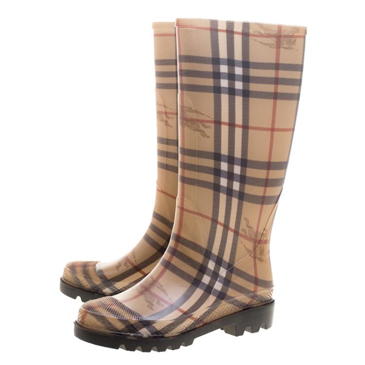 Pre Owned Burberry Beige House Check Rubber Rain Boots Size 35